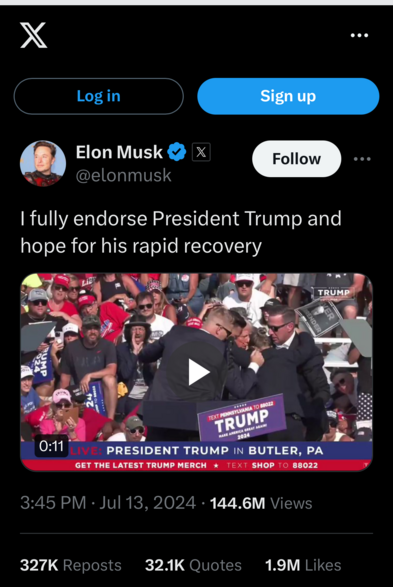 Screen capture of a Tweet where Elon Musk endorses Trump.  
