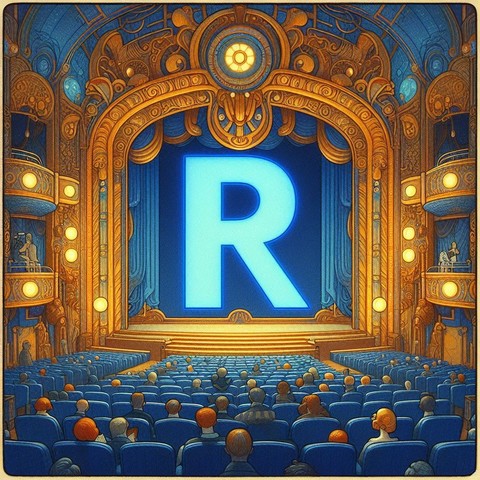 A giant blue letter R is on the screen of a cinema. 