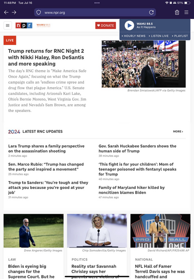 Screencap of NPR website filled with headlines indicating rather uncritical coverage of the RNC and statements by its participants