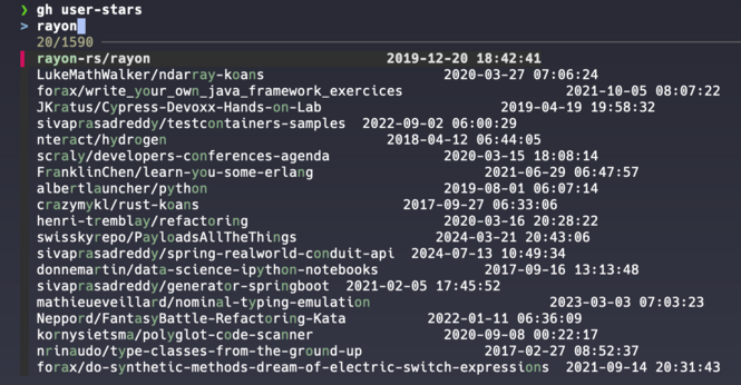 The console output of GitHub CLI 'gh' that shows code repositories that I have  starred, and when.