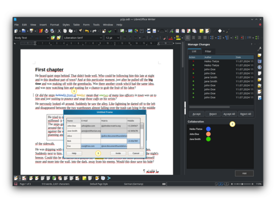 Mockup screenshot of peer-to-peer collaboration in LibreOffice Writer