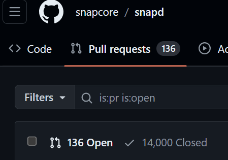 Screenshot of https://github.com/snapcore/snapd showing 14,000 closed pull requests.