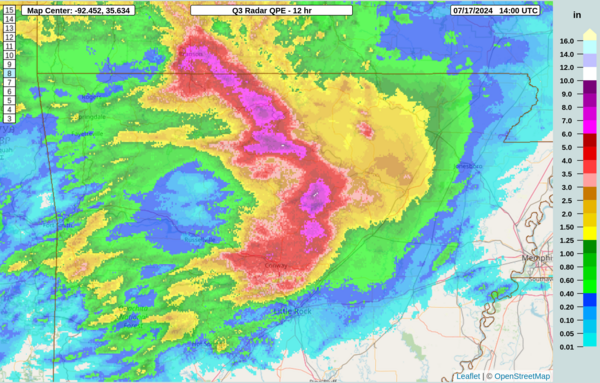 MRMS 12 hour radar estimates for Arkansas, showing up to 10 inches in parts of the Ozarks, north of Little Rock 