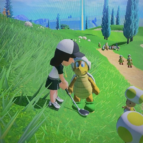 A screenshot from Mario Golf. The player character, a woman with long hair in a black and white outfit, is about to take a shot, but a Hammer Bro (a bipedal turtle with a concerned expression) is stood in the way and the club will hit it between the legs.