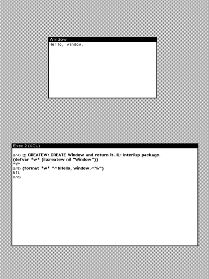 Screenshot of a portion of the black and white desktop of a 1980s graphical workstation environment. The desktop has a gray background pattern and one window with a white background and a title bar with white text on a black background. The window, which takes up most of the screenshot, shows a session of Lisp expressions to create a window and do output to it.