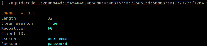 Screenshot of a command line terminal running the mqttdecode command with a hex string representing an MQTT v3.1.1 CONNECT packet, plus text output that describes the packet contents: clean session, keepalive, client ID, username, and password.