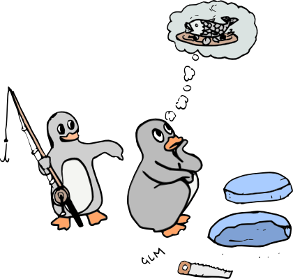 Ein hungriger Pinguin möchte gerne einen Fisch. Louis, der freundliche Pinguin kommt mit einer Angel hinzu und gibt ihm aber keinen Fisch, sondern bringt ihm Angeln bei