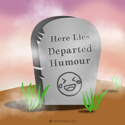 A chipped gravestone stands with grass and dirt surrounding it against a fog sunset haze. Engraved into the gravestone, 'Here Lies Departed Humour' and below a laughing outlined emoji.