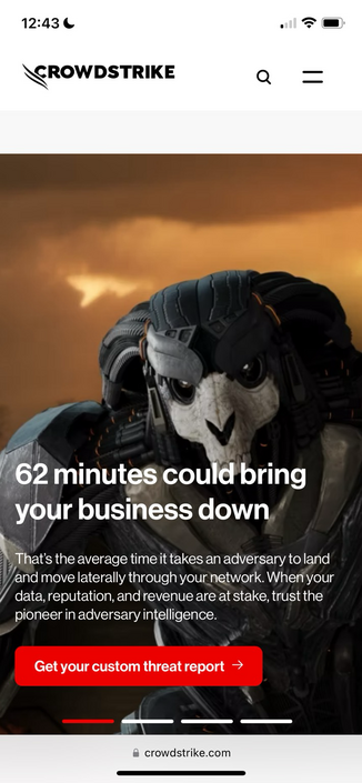 Screenshot from the Crowdstrike website with the slogan “62 minutes could bring your business down”