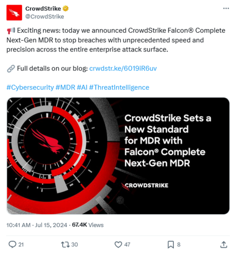 Image of tweet from CrowdStrike announcing intro of new Falcon Complete software