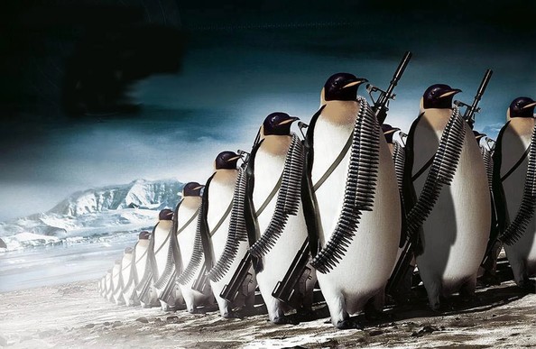 Image of penguins armed with weapons in an army formation.