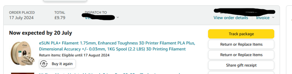 Image shows some 3d printer filment with now expected date of the 20th July. When it was originally due the 18th.