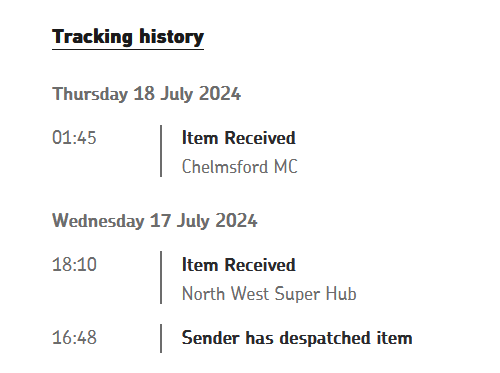 Image shows Royal mail item stuck in Chelmsford for three days!
