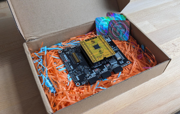 The Tiny Tapeout demo board inside the package it was shipped with.