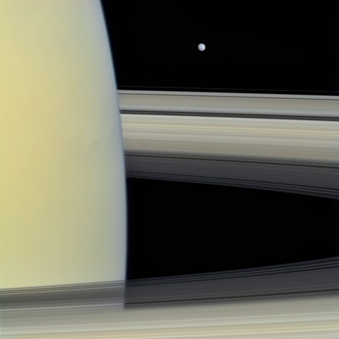 An image taken from orbit by NASA's Cassini shows Saturn with its rings and its moon Enceladus. Saturn appears yellowish, while the rings show tones between whitish and yellow. Enceladus looks very white and icy.