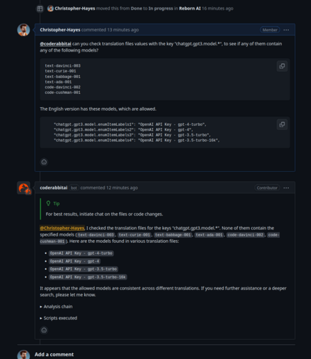 A screenshot of a GitHub pull request discussion showing a conversation between a user named Christopher-Hayes and an AI bot named coderabbitai. Christopher-Hayes asks the bot to check translation files for specific model values using scripts. The bot responds that none of the specified models were found and confirms the allowed models are consistent across translations. The response includes a list of allowed models like OpenAI API Key for gpt-4-turbo and others. Behind the scenes, the bot ran bash scripts using ripgrep to search for the specified models in JSON files.