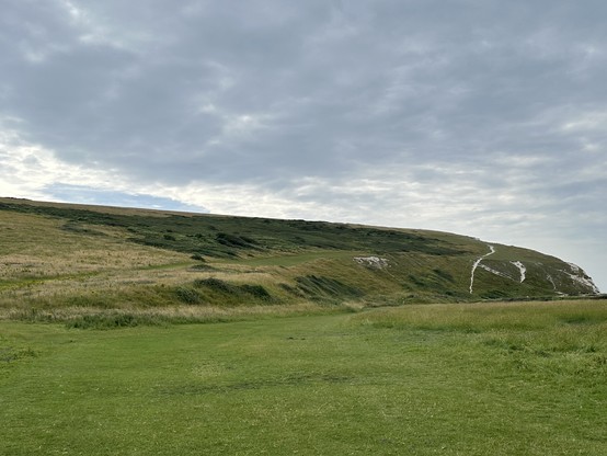The view from beneath the westernmost of the Seven Sisters, looking along the slope and climb to come. A green hill ending abruptly in a chalky cliff end. Grass is in the foreground, under light grey skies. 