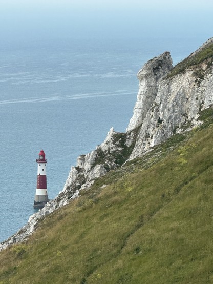 A shot of the lighthouse at Beachy Head, sitting underneath chalky white cliffs with grassy slopes in the foreground and the sea in the background. 