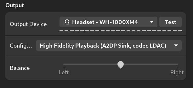 Screenshot of audio settings in Debian showing A2DP with LDAC config. 