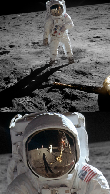 1. Photograph of Buzz Aldrin standing on the surface of moon. The gray dusty lunar surface is marked with boot prints.
2. Neil Armstrong and the lunar lander Eagle can be seen in the reflection in the visor of Aldrin's helmet, shown in this zoomed-in pic.