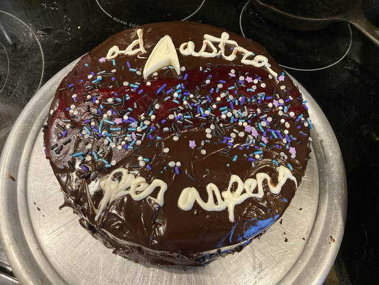 Chocolate layer cake decorated with a starfield of sprinkles and raspberry sauce, “ad astra per aspera” piped messily in white chocolate, and a white chocolate Starfleet insignia