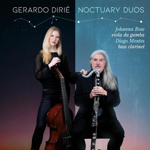 Cover of Gerardo Dirié’s Ravello Records album “Noctuary Duo”, featuring a photo of the performers - Johanna Rose on viola da gamba and Diego Montes on bass clarinet - with their instruments.