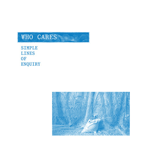 Cover of Who Cares’s album “Simple Lines of Enquiry”, featuring a white shell with two daisies in it, backed by blue fabric with a repeating pattern of flowers and stems.