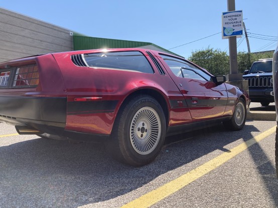 Right rear side view of a DeLorean, with some nice sun glints and reflections.