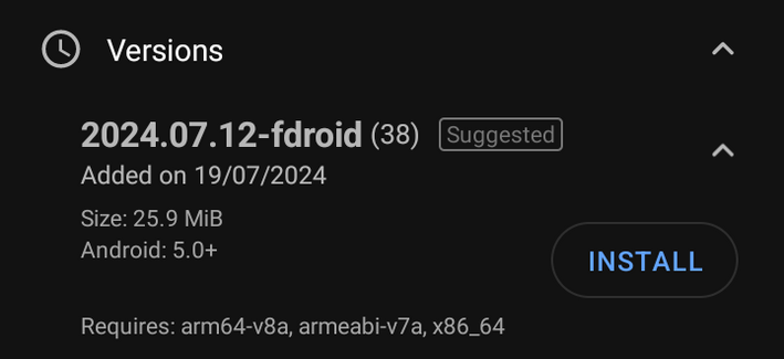 Screenshot of the F-Droid version lister for Principia showing 2024.07.12-fdroid. 