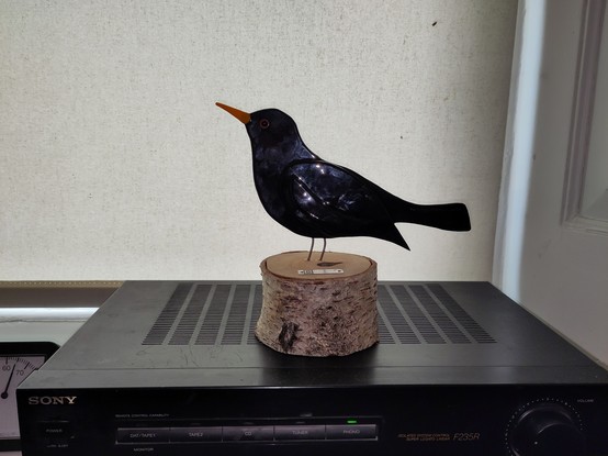 Photo of a glass blackbird, facing left It's standing on a substantial base made from a birch tree branch or trunk. It stands on an ancient Sony amplifier. The background is a plain curtain.