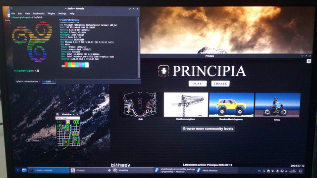 A photo of the laptop screen in the Trisquel live environment. A terminal window is shown in the top left with output from hyfetch, showing the Trisquel ASCII logo in rainbow colours as well as some information about the system. Principia is shown next to the terminal window and is on the main menu of the game. Winemine is also in the bottom left corner (I had installed Wine to see if that would be available on a Free distribution, which it seems to be).