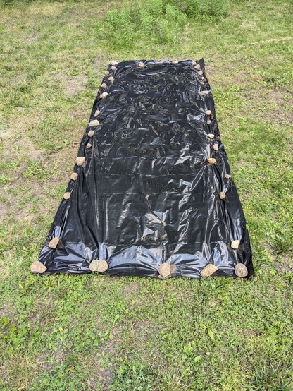 Rectangular plastic sheet covering the ground and weighed down with a border of stones.