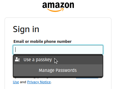 Amazon sign in claiming I can use a passkey.