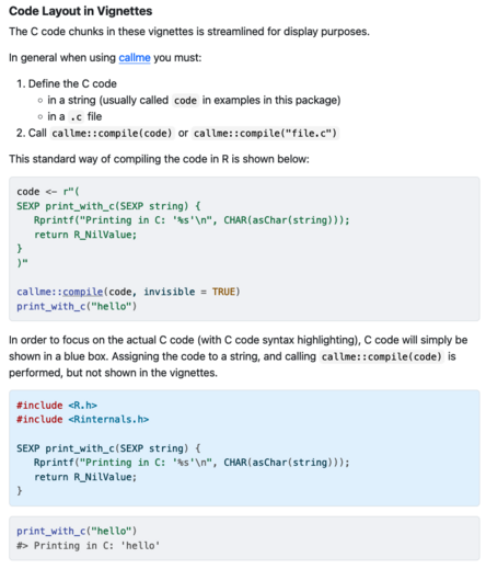 Rationale for code layout in vignettes.