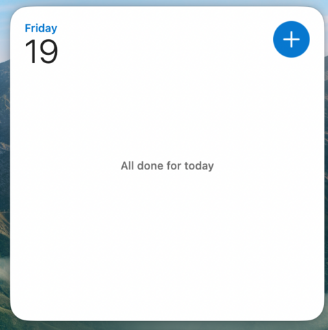 Outlook Calendar widget showing no more events for Friday (it is Monday today).
