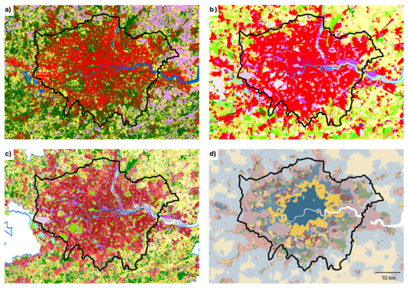 A visual comparison between established LULC products and spatial signatures. Panel a) shows the WorldCover classification by ESA (
Zanaga et al., 2021
), panel b) shows the CORINE land cover classification (
European Environment Agency, 1990
), panel c shows the Copernicus Urban Atlas (
European Environment Agency and European Environment Agency, 2020
, and panel d shows the British spatial signatures (
Fleischmann & Arribas-Bel, 2022
). The latter is the focus of this paper. The direct comparison showcases the major difference between the conceptualisation of urban areas between different classifications, with traditional LULC providing only a mimimal disticntion between types of urban development, whilst spatial signatures provide a much more nuanced view, allowing a different type of understanding of the environment. A visual comparison between established LULC products and spatial signatures. Panel a) shows the WorldCover classification by ESA (
Zanaga et al., 2021
), panel b) shows the CORINE land cover classification (
European Environment Agency, 1990
), panel c shows the Copernicus Urban Atlas (
European Environment Agency and European Environment Agency, 2020
, and panel d shows the British spatial signatures (
Fleischmann & Arribas-Bel, 2022
). The latter is the focus of this paper. The direct comparison showcases the major difference between the conceptualisation of urban areas between different classifications, with traditional LULC providing only a mimimal disticntion between types of urban development, whilst spatial signatures provide a much more nuanced view, allowing a different type of understanding of the environment.