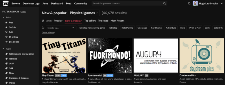 List of new and popular games on Itch.io, showing Tiny Titans at number one.