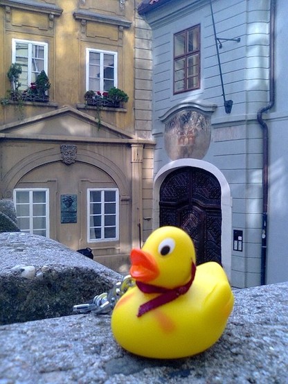 A small yellow rubber duck in the foreground and in the background a Baroque house with a commemorate plaque for Christian Doppler, who lived in this house