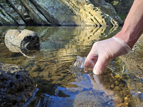 A wide, low shot of a shallow river. On the right a gloved hand is taking a water sample