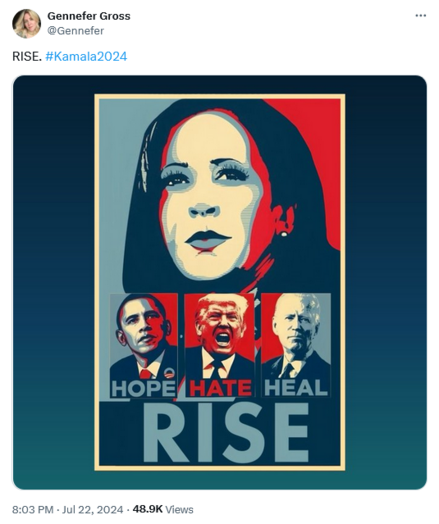 Poster with 
Obama - Hope
Trump - Hate
Biden - Heal
Harris - Rise