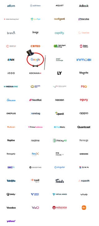 a wall of logos of Google Chrome's ad tech partners, Google is highlighted as the ringleader