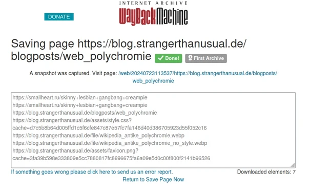 Screenshot of the “save page now” page of the internet archive. The URLs listed at the top look very much like URLs of pornography sites.