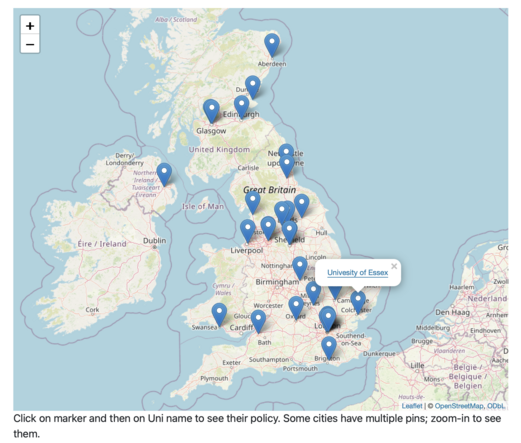 University of Essex highlighted on a map of the UK with rights retention policies.