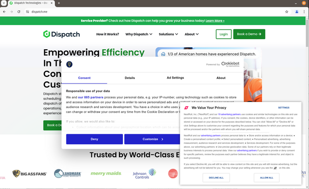 A screenshot of dispatch.me website showing two cookie banners.