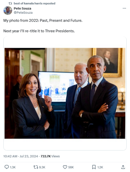 Tweet from Pete Souza.
Photo of Obama, Biden and Harris.