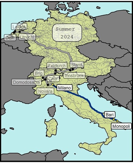 Summer 2024 map, on grey the trip so far from Delft to Milano, on blue the trip today, Milano-Monopoli