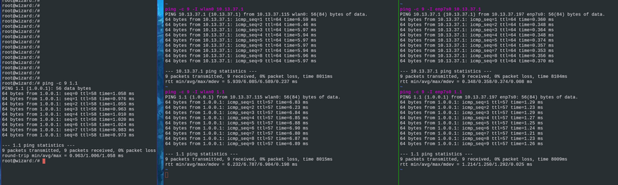 screenshot of pings between my desktop, my router and the internet. router to internet is around 1ms, pc to router on ethernet is around 0.3ms, and wifi to router is around 6ms. desktop to internet seems to be the sum of each part for each interface