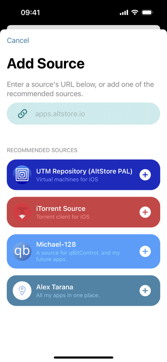 AltStore 2.1 screenshot of Sources tab with new “Recommended Sources” for each new app