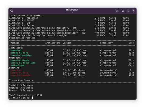 Screenshot of GNOME Console app with an ssh session into an AlmaLinux VM. A 'dnf update' command is run, showing kernel-ml package (6.10) available 