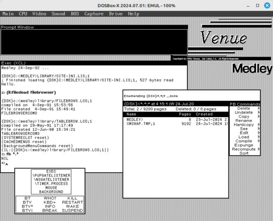 Screenshot of the black and white desktop of a 1980s graphical workstation environment. The desktop has a gray background pattern and some windows with a white background and a title bar with white text on a black background. The main windows show a Lisp evaluator, a file browser, and a process control window.